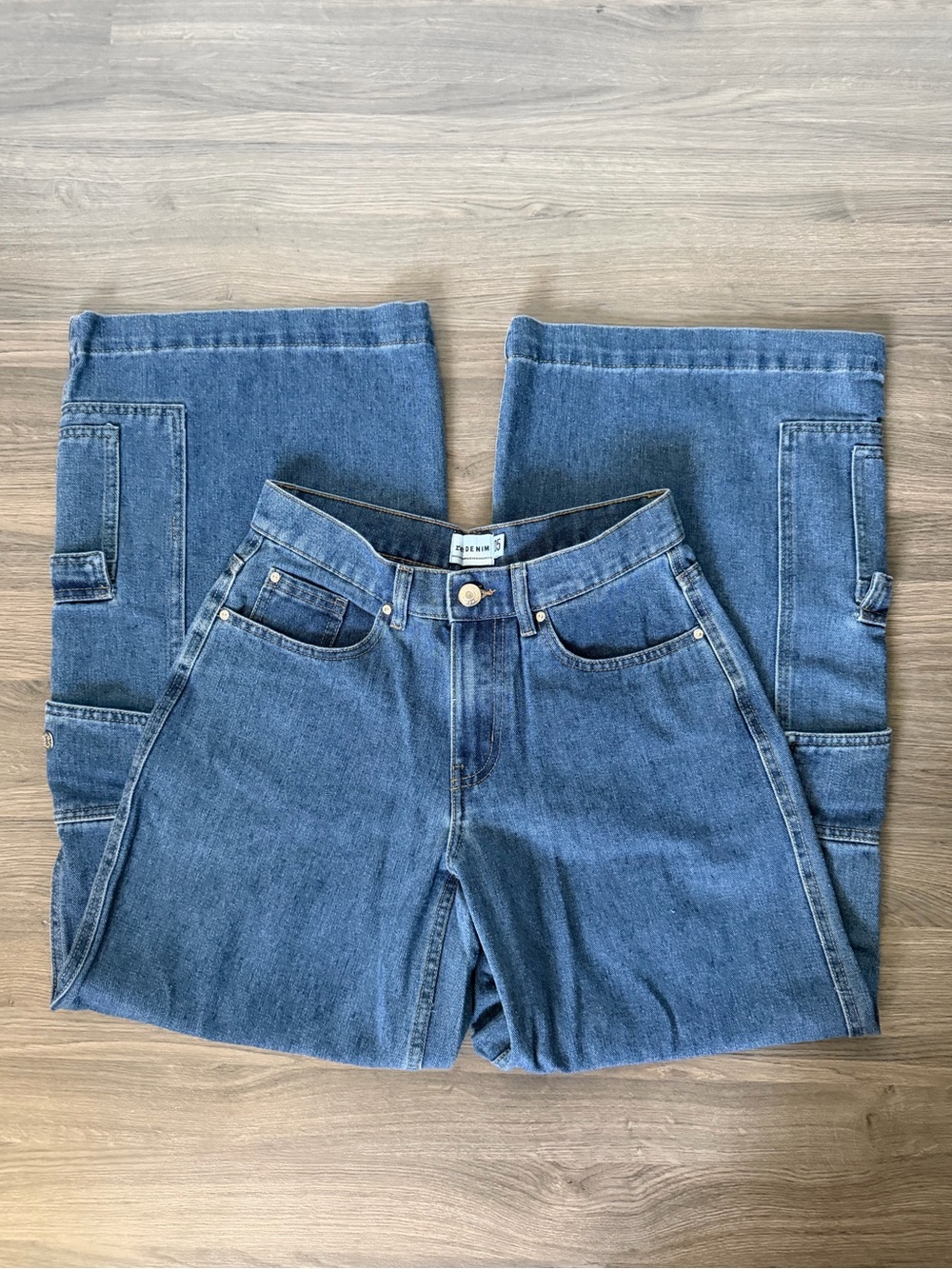 Refuge Denim Classic Medium Blue Wide Leg Carpenter Cargo Jeans with Pockets